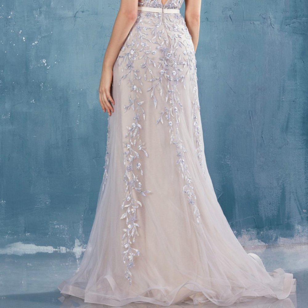 BEADED LACE V-NECK FIT AND FLARE GOWN W/SLIT 0817 - Picture 5 of 9